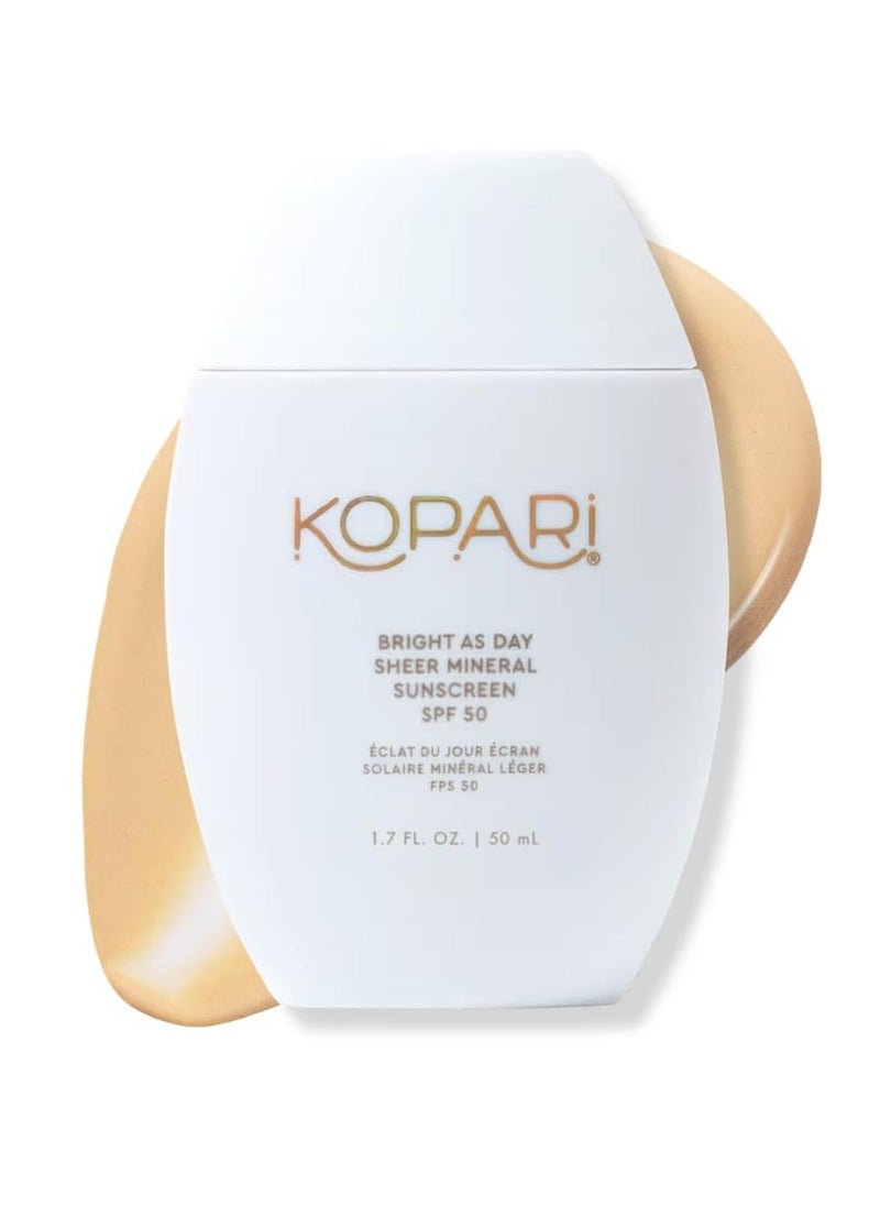 Kopari Bright as Day Sheer Mineral Sunscreen SPF 50, 100% Mineral Facial Sunscreen with Vitamin C & Niacinamide, Sheer Finish, All Skin Tones, 1.7 oz