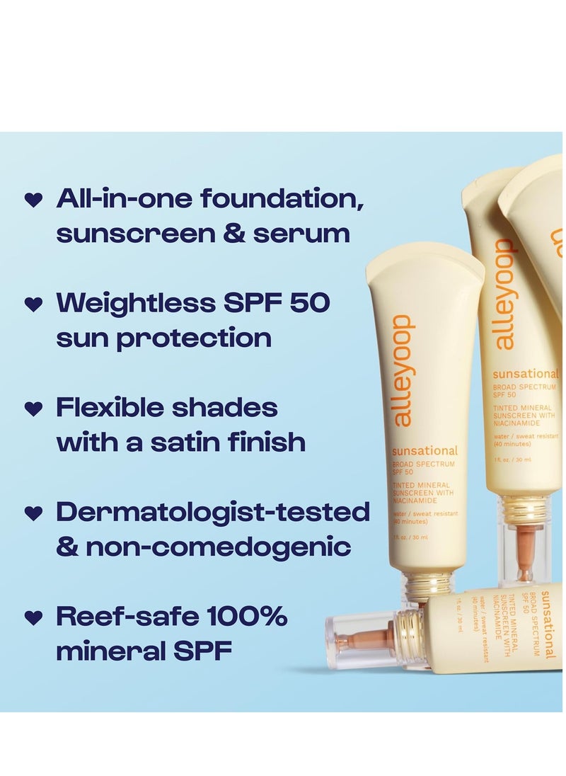 Alleyoop Sunsational Tinted Moisturizer Sunscreen for Face Broad Spectrum SPF 50, 100% Mineral Sunscreen with Jojoba, Protects Hydrates and Soothes Skin, Vegan, Cruelty-Free - Solar