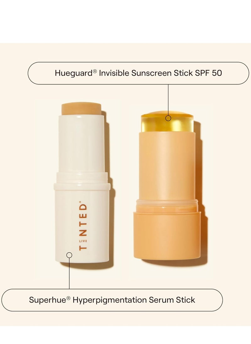 Live Tinted Everything Nice Correct & Protect Duo - Hueguard Invisible Sunscreen Stick SPF 50 & Superhue Hyperpigmentation Facial Serum Stick - Broad Spectrum, Waterproof & Brightening