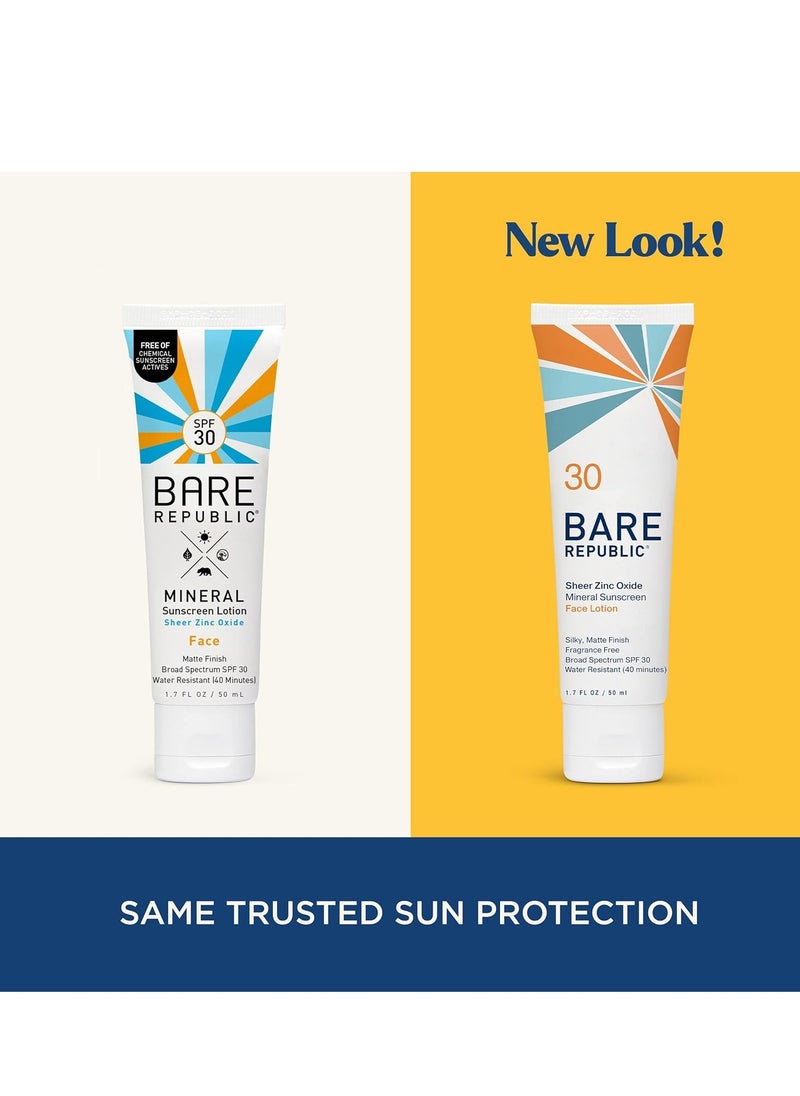 Bare Republic Mineral Matte Sunscreen SPF 30 Sunblock Face Lotion, Sheer and Light Finish, 1.7 Fl Oz