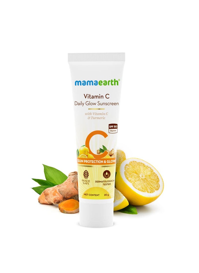 Mamaearth Vitamin C Daily Glow SPF 50 Sunscreen with PA+++ | Reduces Tanning & Gives Broad Spectrum Sun Protection | No Whitecast & Non-Greasy | 0.71 Oz/20g