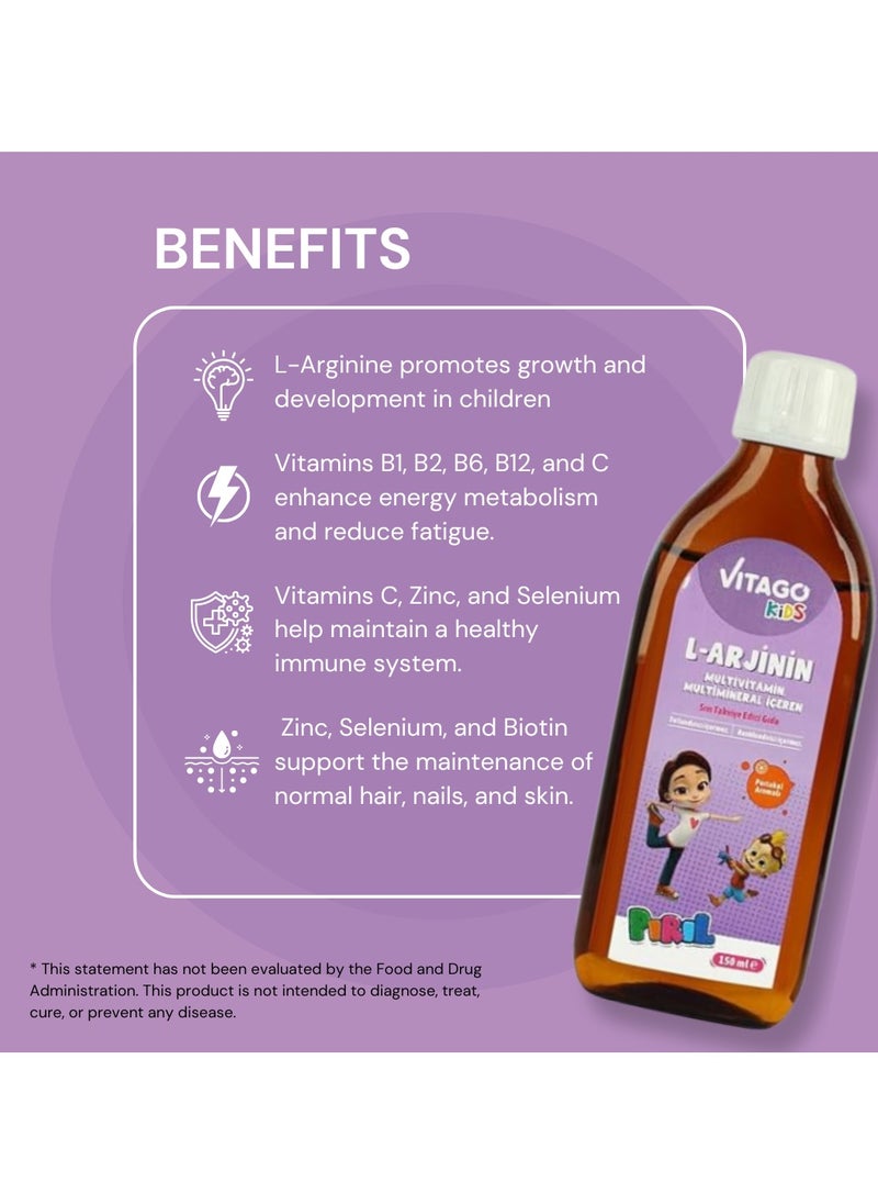 Kids L-Arginine Growth Syrup to Increase Height and Multivitamin for Girls - 150ml