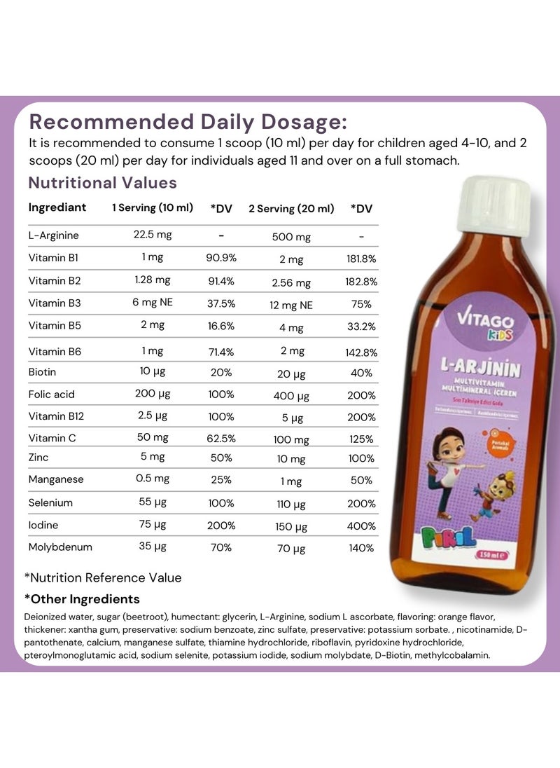 Kids L-Arginine Growth Syrup to Increase Height and Multivitamin for Girls - 150ml