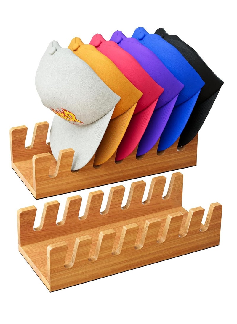 2 Pack Hat Stand for Baseball Caps Display, No Install Wooden Hat Organizer for 14 Baseball Caps for Closet, Bedroom, Dresser, Entrance (Light Wood)