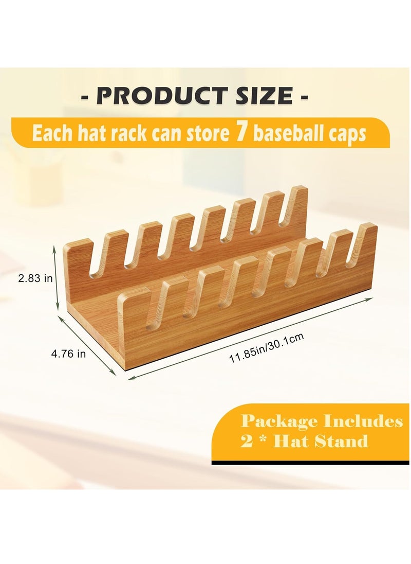 2 Pack Hat Stand for Baseball Caps Display, No Install Wooden Hat Organizer for 14 Baseball Caps for Closet, Bedroom, Dresser, Entrance (Light Wood)