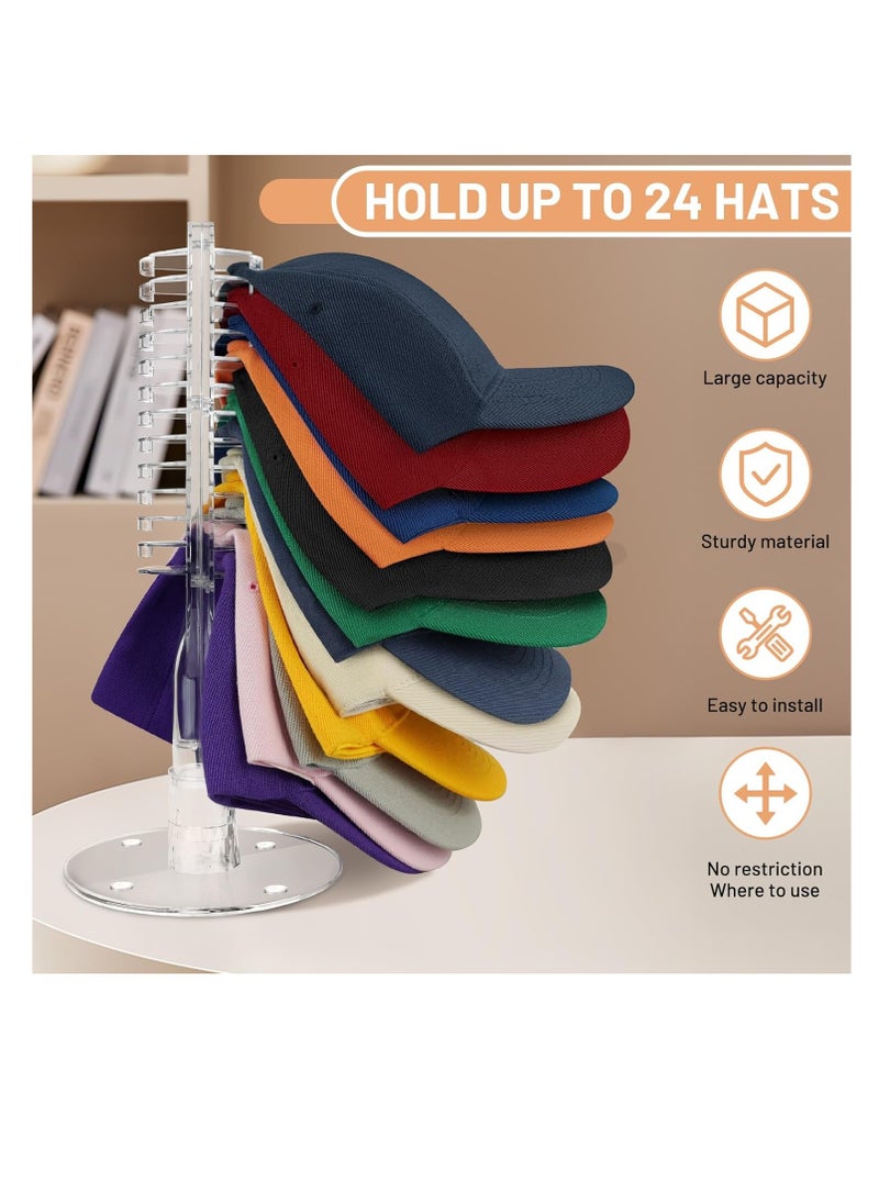 Hat Stand for Baseball Caps，Hat Holder Organizer No Install Acrylic Hat Racks Display Storage for 24 Baseball Caps,Rotatable Cap Organizer Hat Racks for Bedroom, Closet, Dresser, Clear