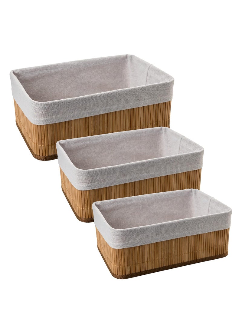 DECORHILLS Bamboo Storage Baskets | Set of 3 Stackable Bathroom Organizers | Various Sizes: S, M, L Space-Saving | Light Brown