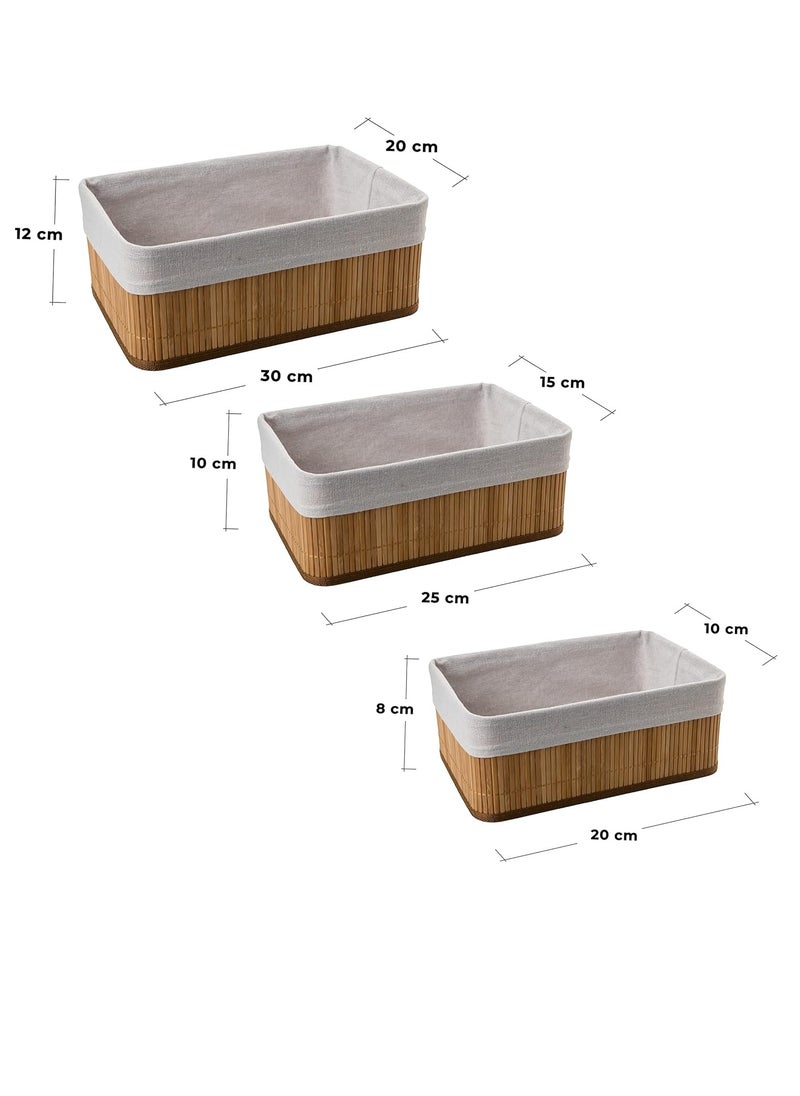 DECORHILLS Bamboo Storage Baskets | Set of 3 Stackable Bathroom Organizers | Various Sizes: S, M, L Space-Saving | Light Brown