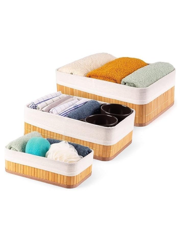 DECORHILLS Bamboo Storage Baskets | Set of 3 Stackable Bathroom Organizers | Various Sizes: S, M, L Space-Saving | Light Brown