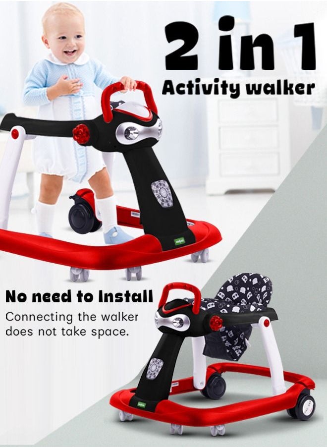 2 In 1 Twist Pro Baby Walker Round Kids Walker For Baby With 3 Adjustable Height Removable Seat Led Light And Musical Toy Bar Baby Push Walker For Baby Boys Girls 6 To 24 Months Red