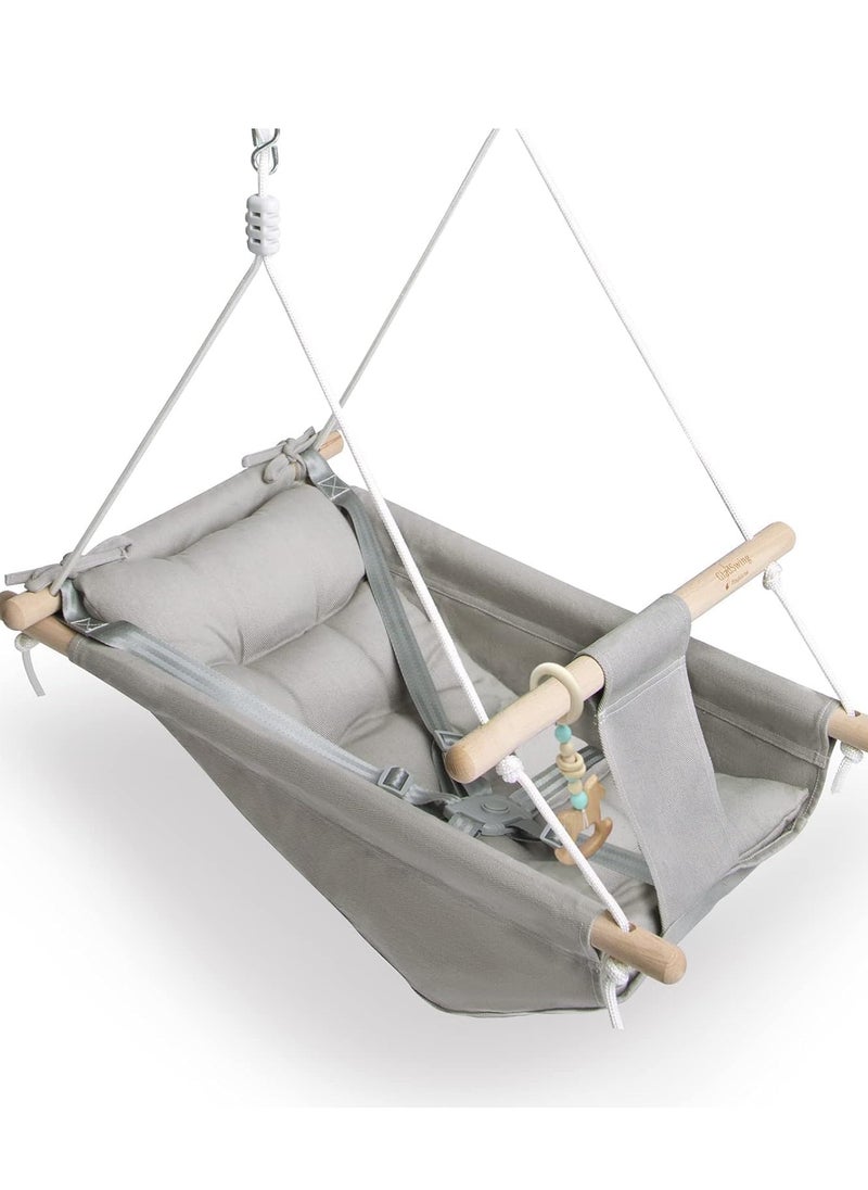 Baby Swing for Baby and Toddler, Canvas Baby Hammock Swing Indoor and Outdoor with Safety Belt and Mounting Hardware, Wooden Hanging Swing Seat Chair for Baby up to 3 Years