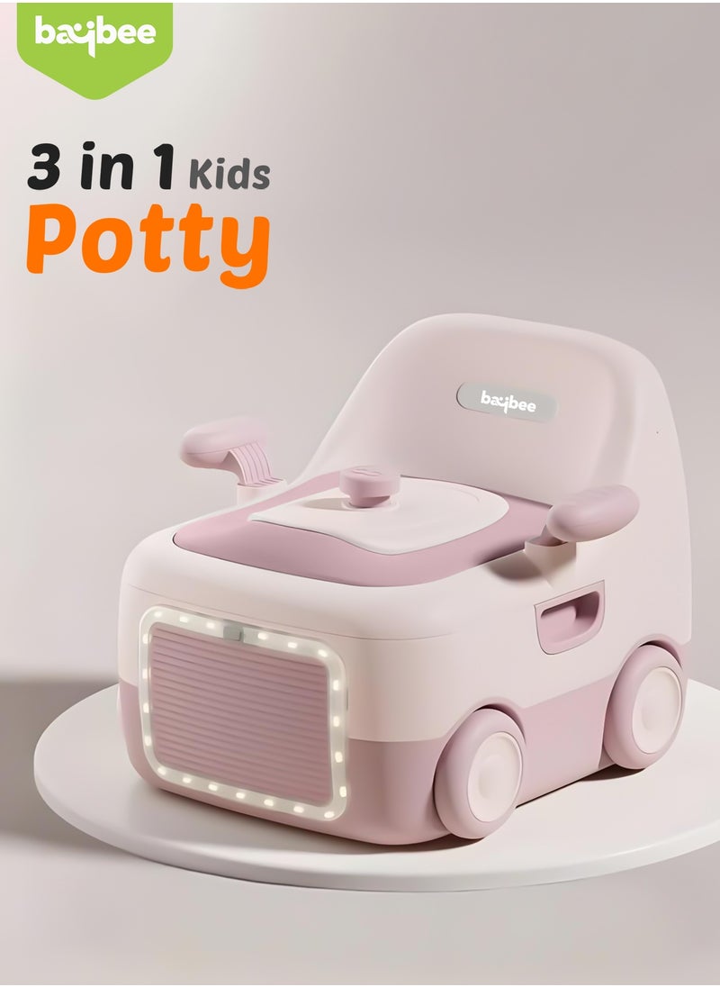 Baybee 3 in 1 Convertible Baby Potty Training Seat for Kids | Potty Toilet Seat Chair for Kids with Led Light, Handle, PU Cushion & Closing Lid | Baby Potty Seat for Toddlers Kids 1-5 Years Pink