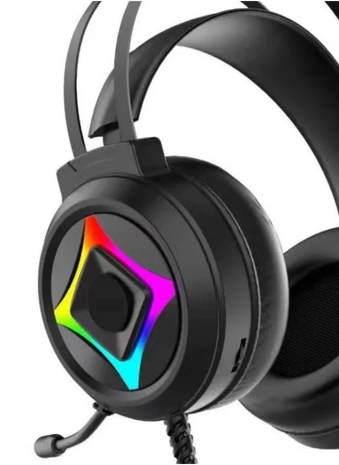 Gaming Headset with LED Backlight, 50mm Drivers, PU Leather Ear Pads, Dual 3.5mm Audio Jacks, USB Connection, and Built-in Microphone for Immersive Sound Experience