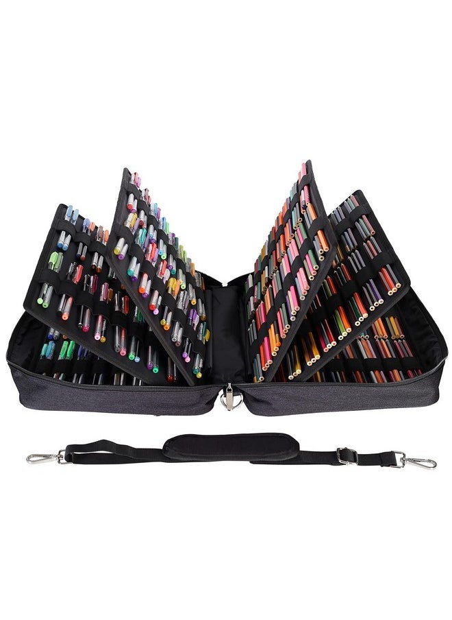 Pencil Case Slot Holds 480 To 488 Colored Pencils Or 320 To 328 Color Gel Pens With Zipper Closure Large Capacity Nylon Pen Organizer Bag With Shoulder Strap For Painter Or Artist Black