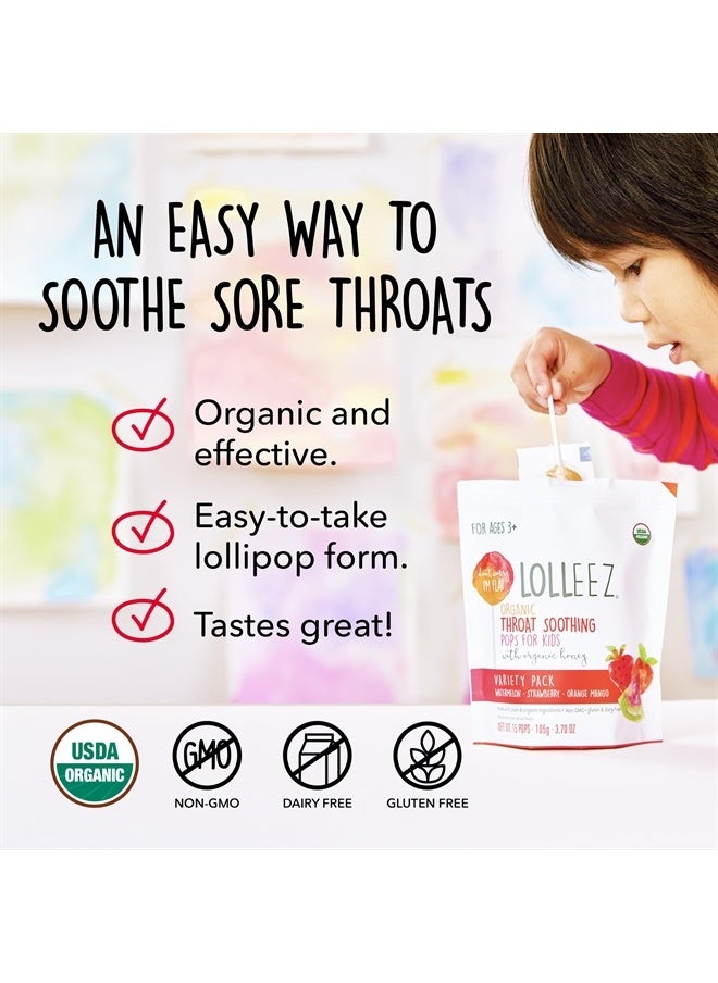 Organic Lollipops Variety Pack for Sore Throat Relief - Strawberry, Watermelon & Orange Mango, 30 Total