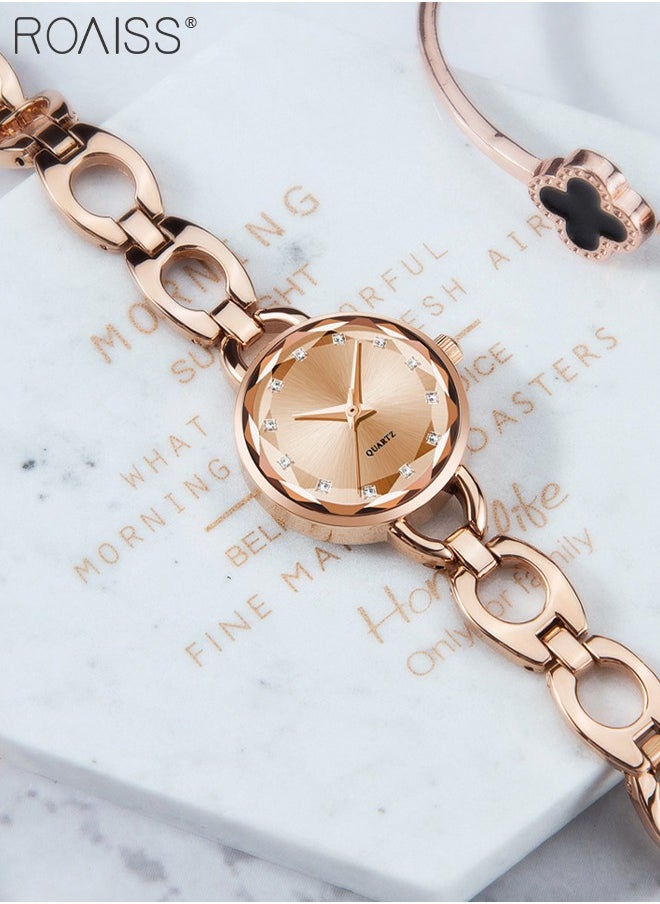 Women's Skeletonized Bracelet Quartz Watch, Analog Display Round Rose Gold Dial Watch with Rhinestones Decoration, Waterproof Elegant Watch as Gift for Women