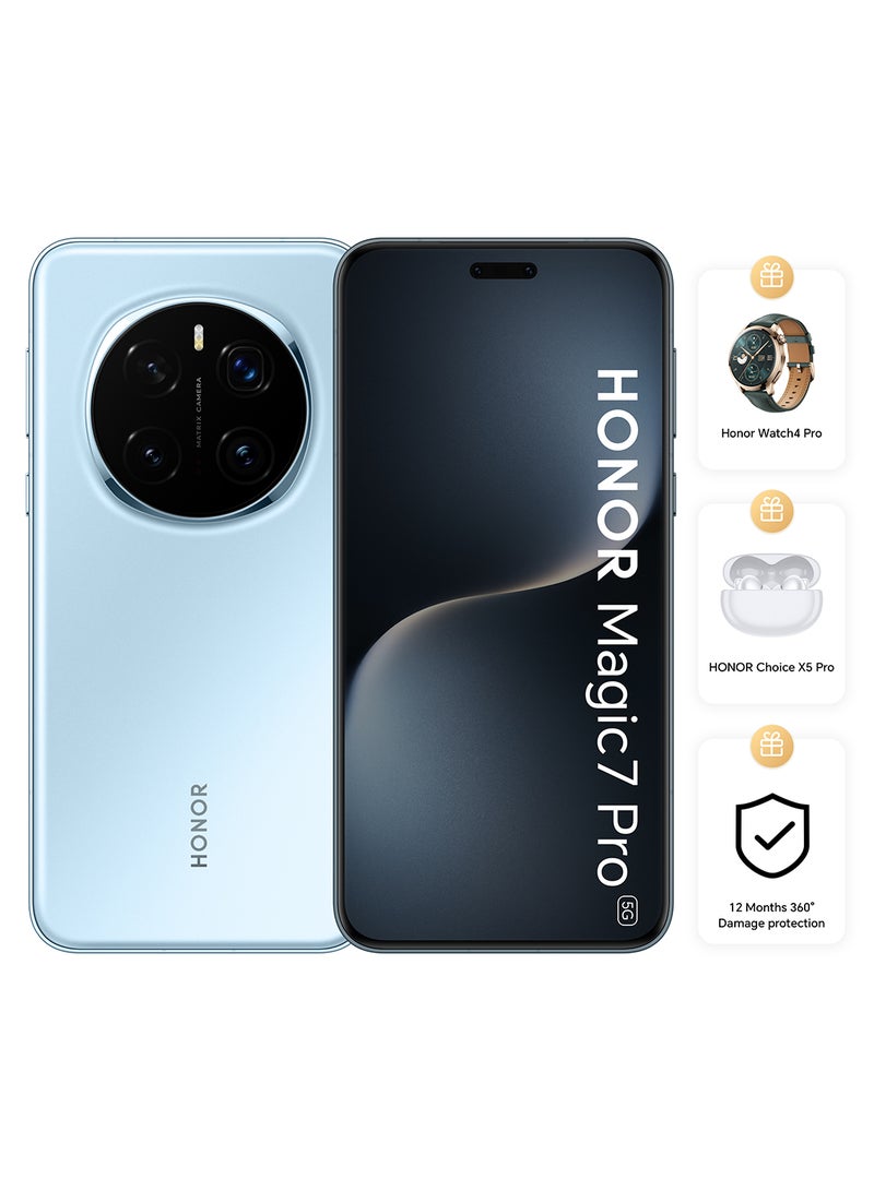 Magic 7 Pro Dual SIM 5G Breeze Blue 12GB RAM 512GB With Honor Watch 4 Pro + X5 Pro Earbuds + 12 Month 360° Damage Protection - Middle East Version