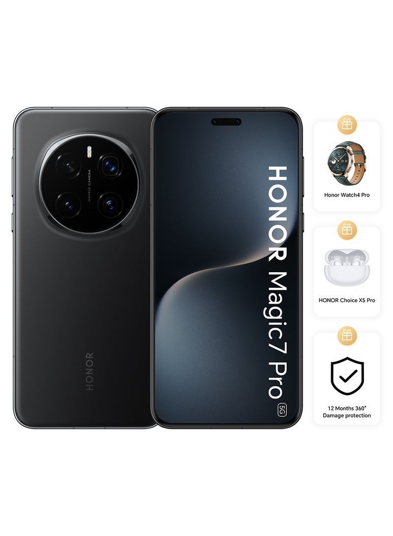 Magic 7 Pro Dual SIM 5G Black 12GB RAM 512GB With Honor Watch 4 Pro + X5 Pro Earbuds + 12 Month 360° Damage Protection - Middle East Version