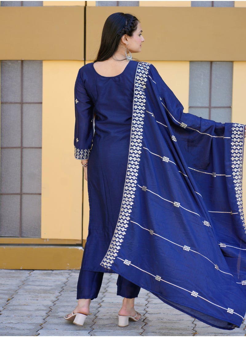 Blue Embroidered Chinnon Suit with Coding Sequence Embroidered Work
