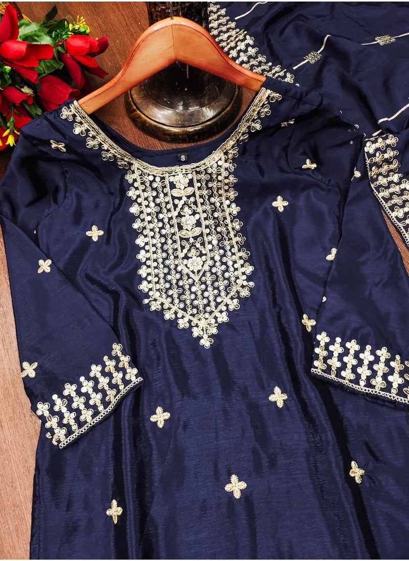 Blue Embroidered Chinnon Suit with Coding Sequence Embroidered Work