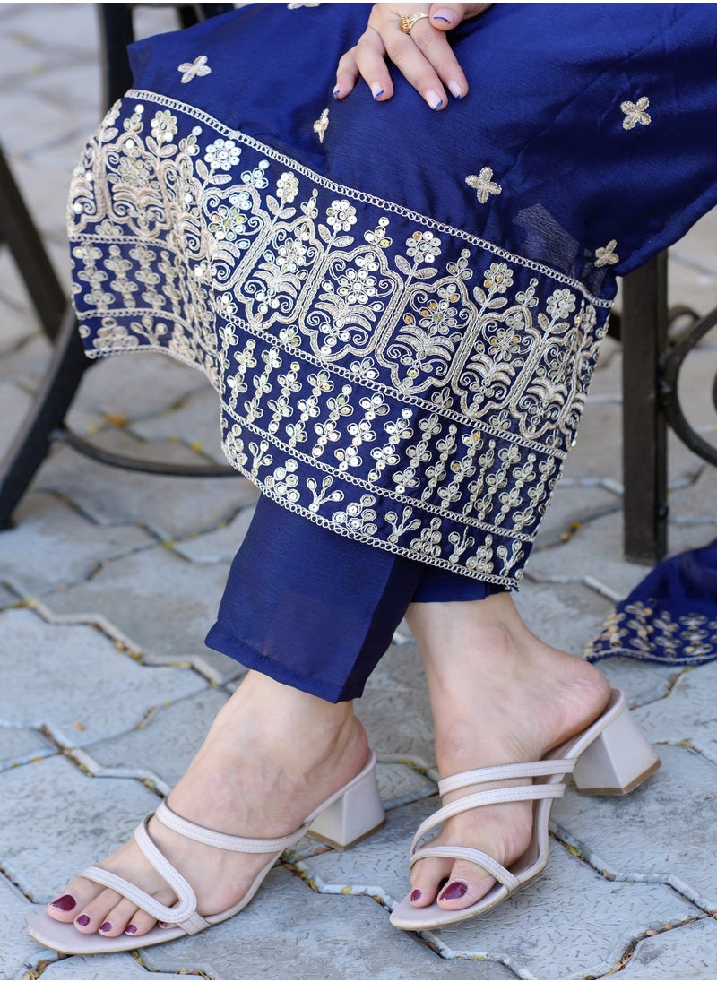 Blue Embroidered Chinnon Suit with Coding Sequence Embroidered Work