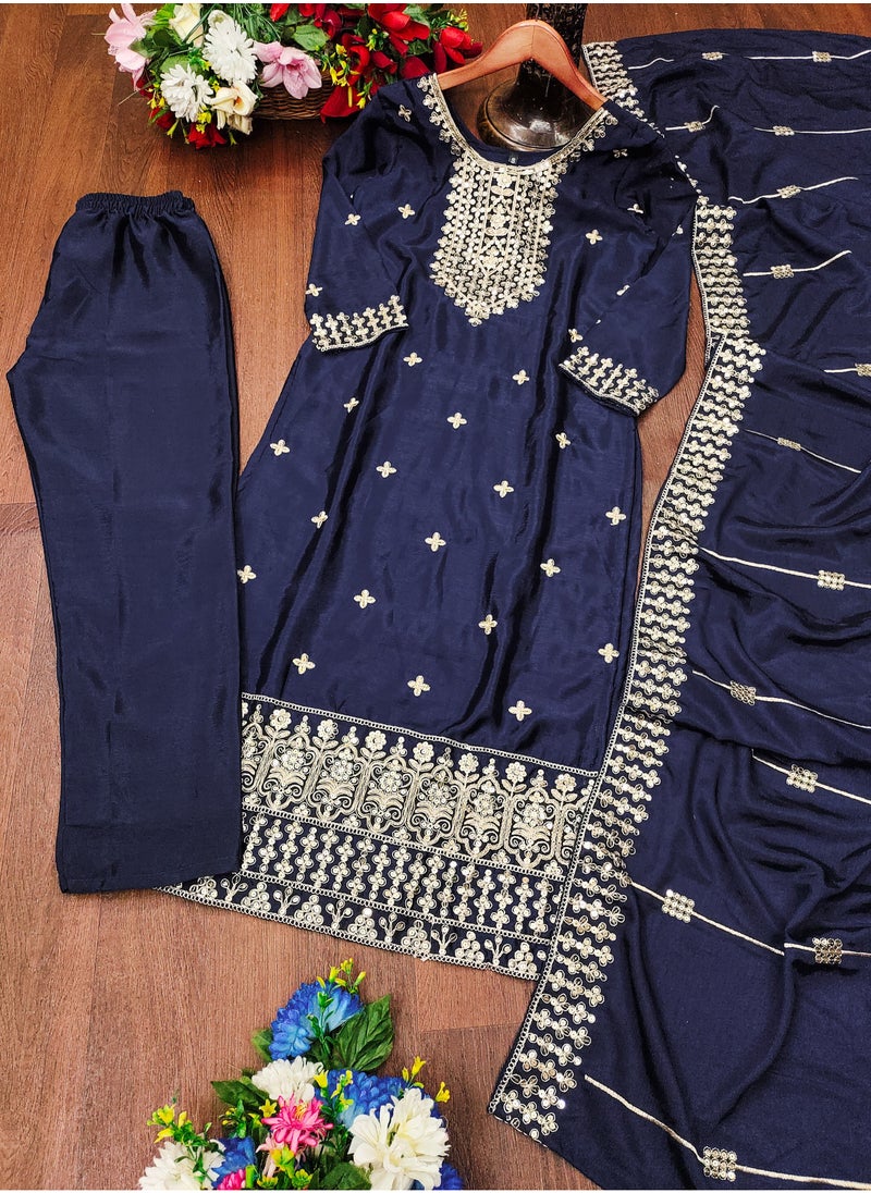 Blue Embroidered Chinnon Suit with Coding Sequence Embroidered Work