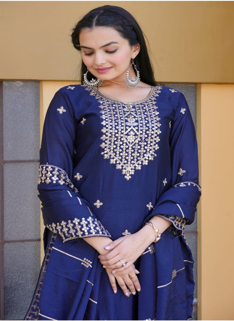 Blue Embroidered Chinnon Suit with Coding Sequence Embroidered Work