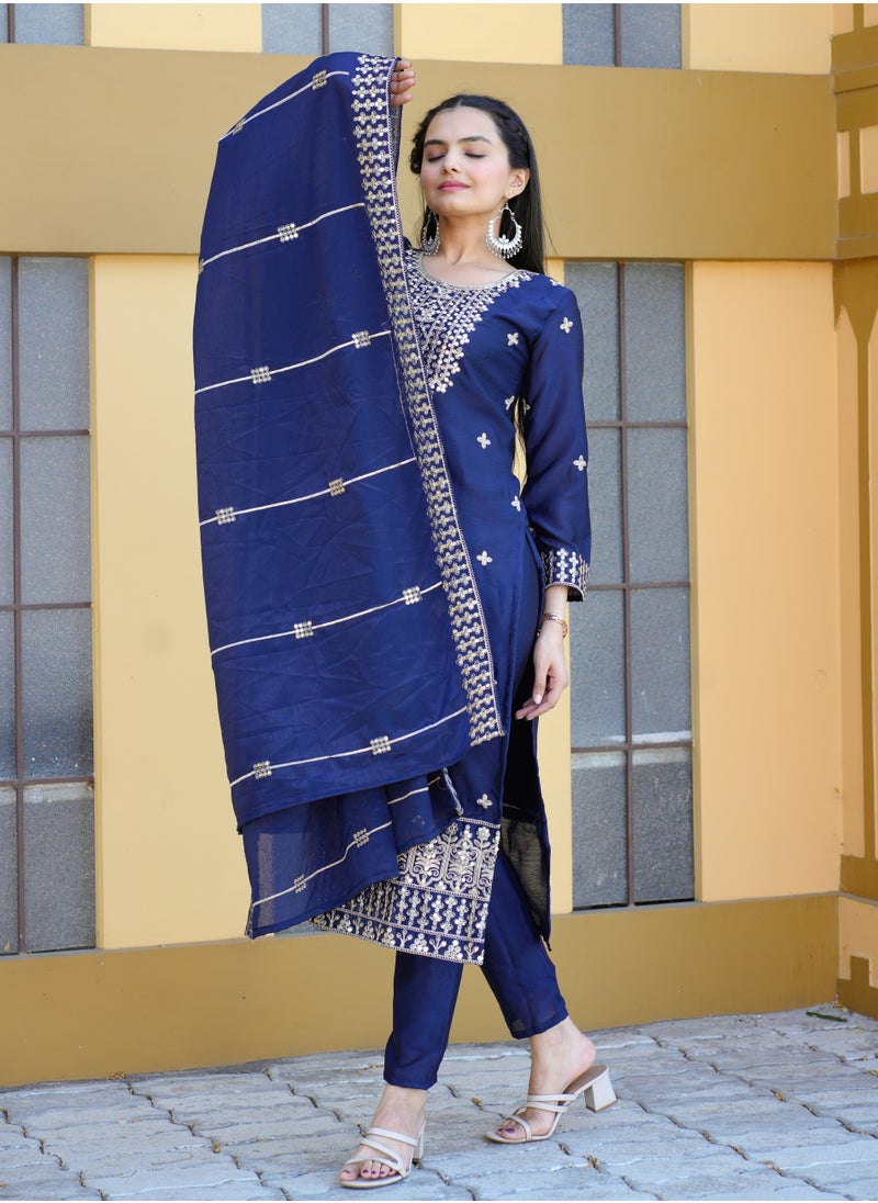 Blue Embroidered Chinnon Suit with Coding Sequence Embroidered Work