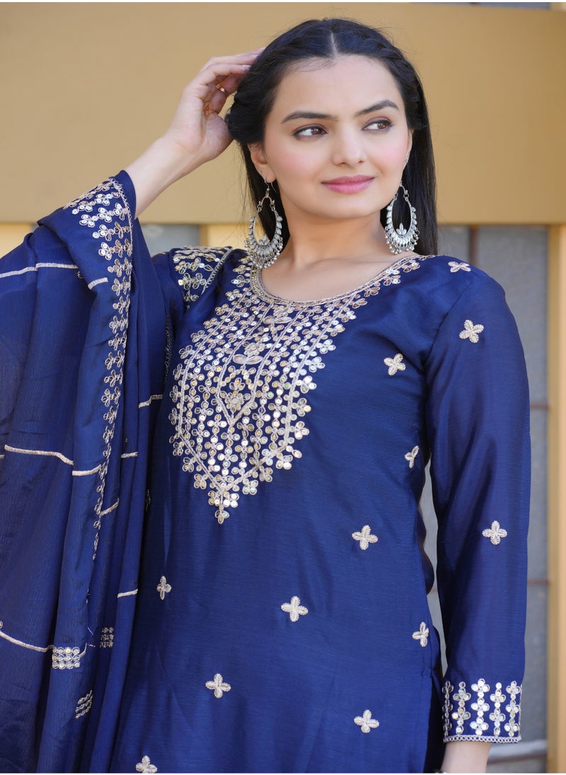 Blue Embroidered Chinnon Suit with Coding Sequence Embroidered Work
