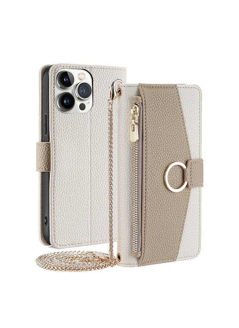 Leather Wallet Case with Card Slots & Hanging Rope for iPhone 16 Pro, 15, Beige