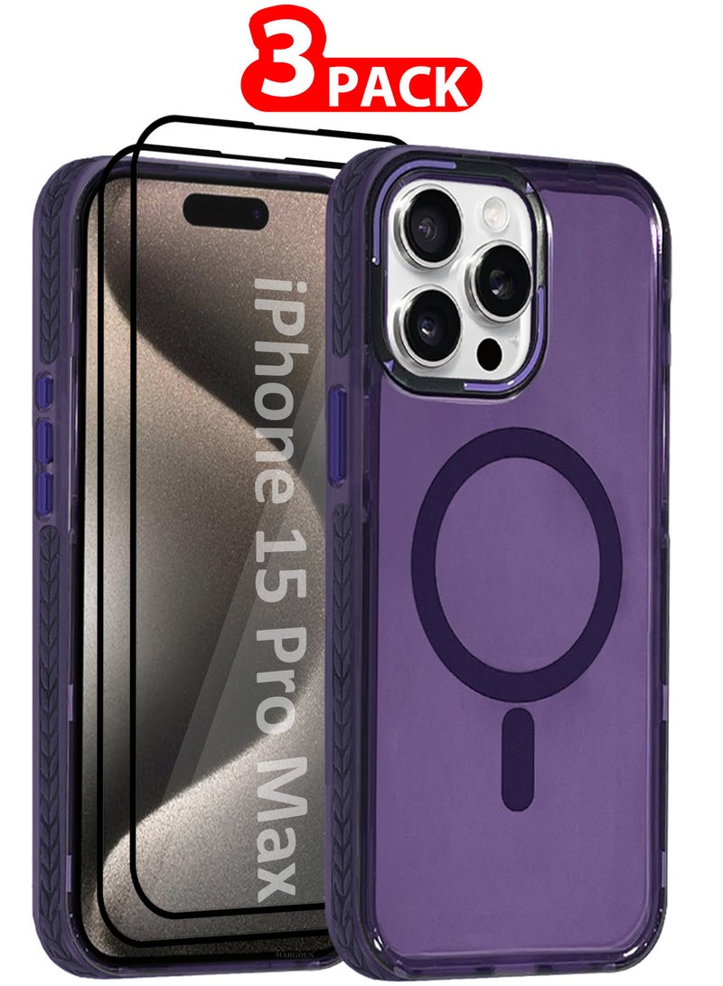 (for iPhone 15 Pro Max) 3Packs Hard PC Magsafe Case Cover Polycarbonate Magnetic Strong Shockproof Protective Case Cover Transparent - Purple-3