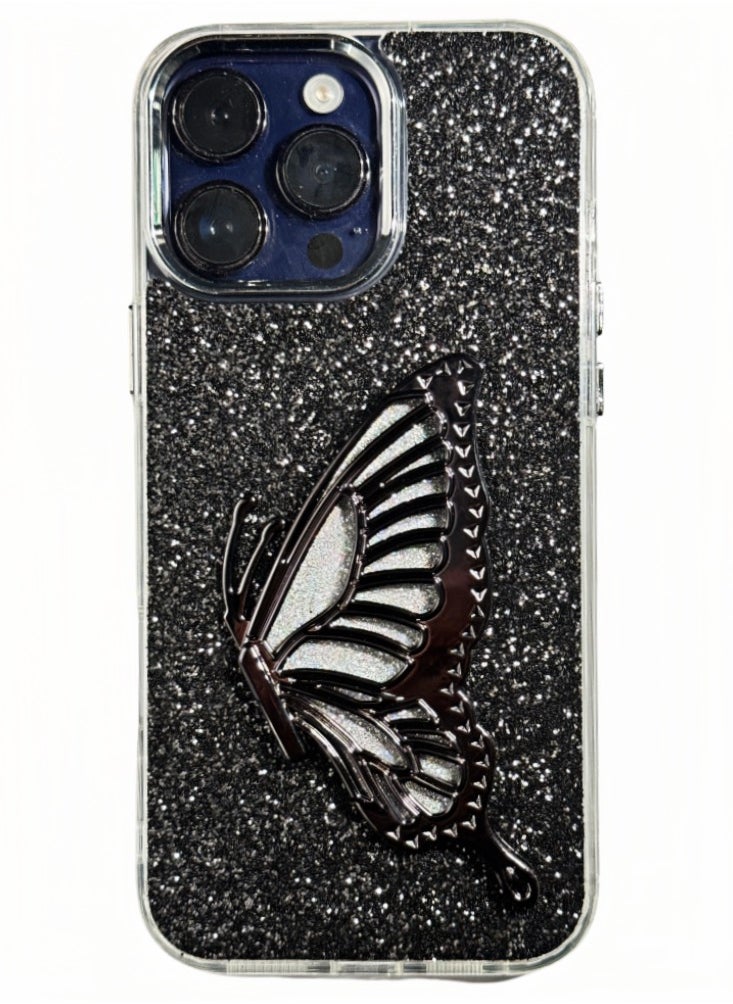 Butterfly Bucket Zora TPU Acrylic Leather Phone Case with Stand for iPhone 16 Pro Max Black