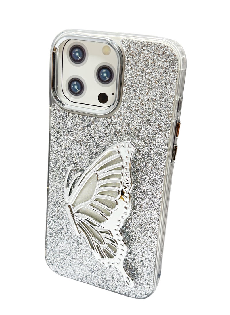 Butterfly Bucket Zora TPU Acrylic Leather Phone Case with Stand for iPhone 16 Pro Max Silver