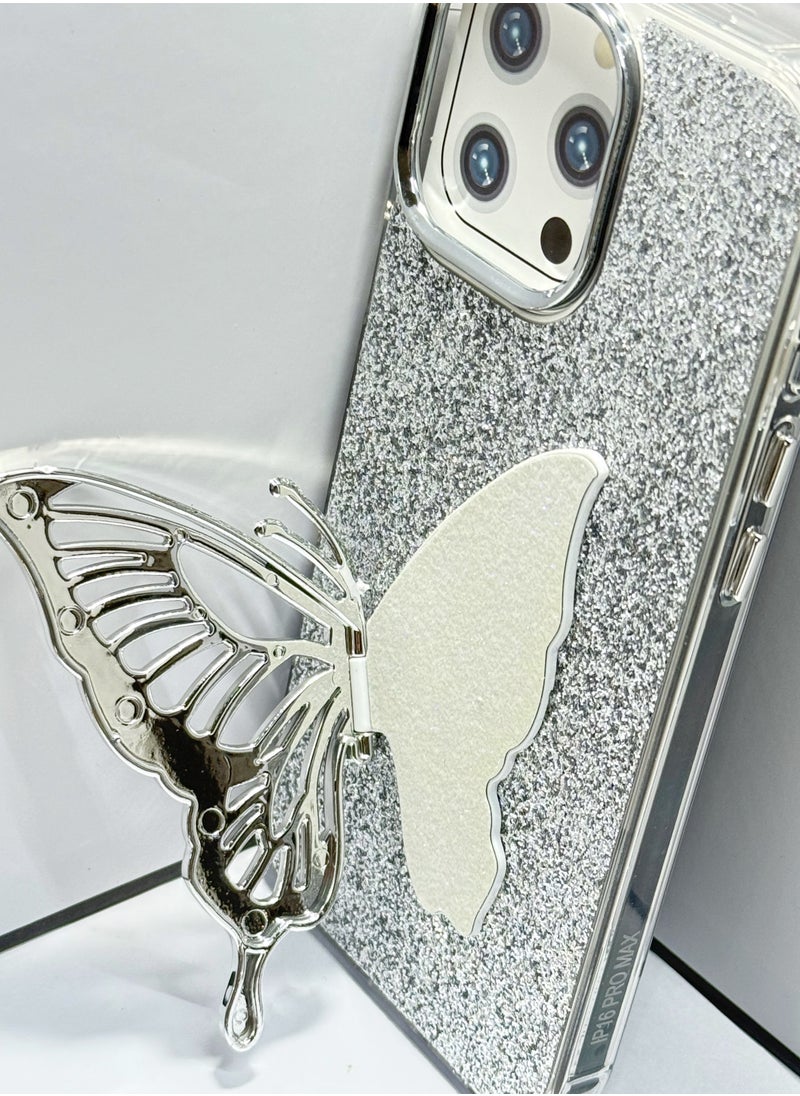 Butterfly Bucket Zora TPU Acrylic Leather Phone Case with Stand for iPhone 16 Pro Max Silver