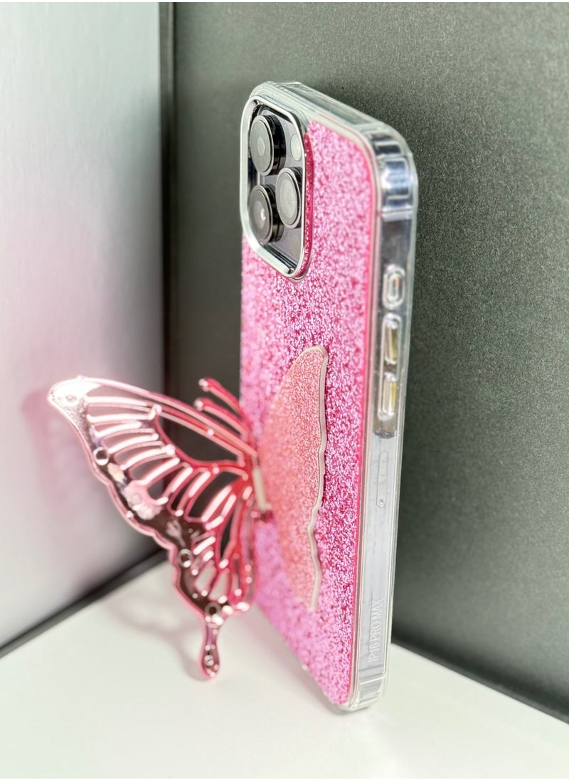 Butterfly Bucket Zora TPU Acrylic Leather Phone Case with Stand for iPhone 16 Pro Max Pink