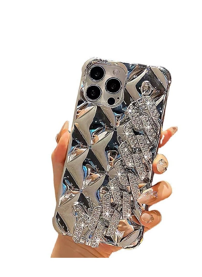 Luxury Rhinestone Chain iPhone 16 Pro Max Case - Bling Crystal Design with Silver Chrome Finish