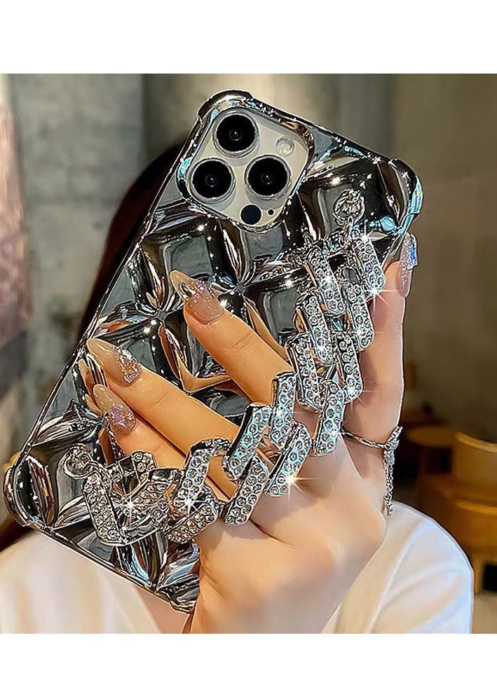 Luxury Rhinestone Chain iPhone 16 Pro Max Case - Bling Crystal Design with Silver Chrome Finish