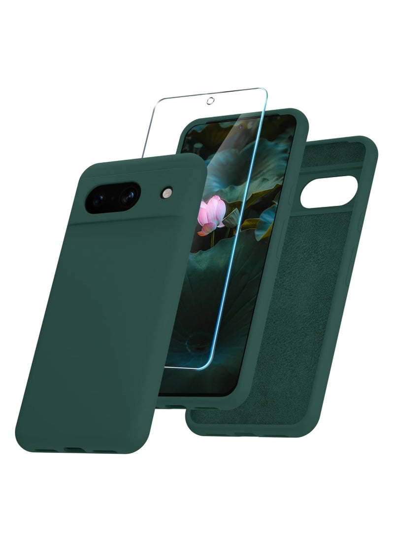 Google Pixel 8a Case, Silicone Phone Case with 1 Screen Protector, Soft Anti-Scratch Microfiber Lining, Full Body Shockproof Slim Cover Support Wireless Charging, Deep Green