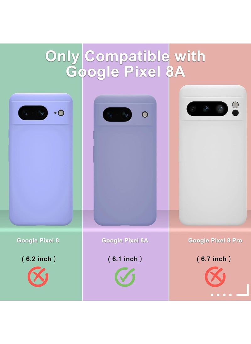 Google Pixel 8a Case, Silicone Phone Case with 1 Screen Protector, Soft Anti-Scratch Microfiber Lining, Full Body Shockproof Slim Cover Support Wireless Charging, Lavender Purple