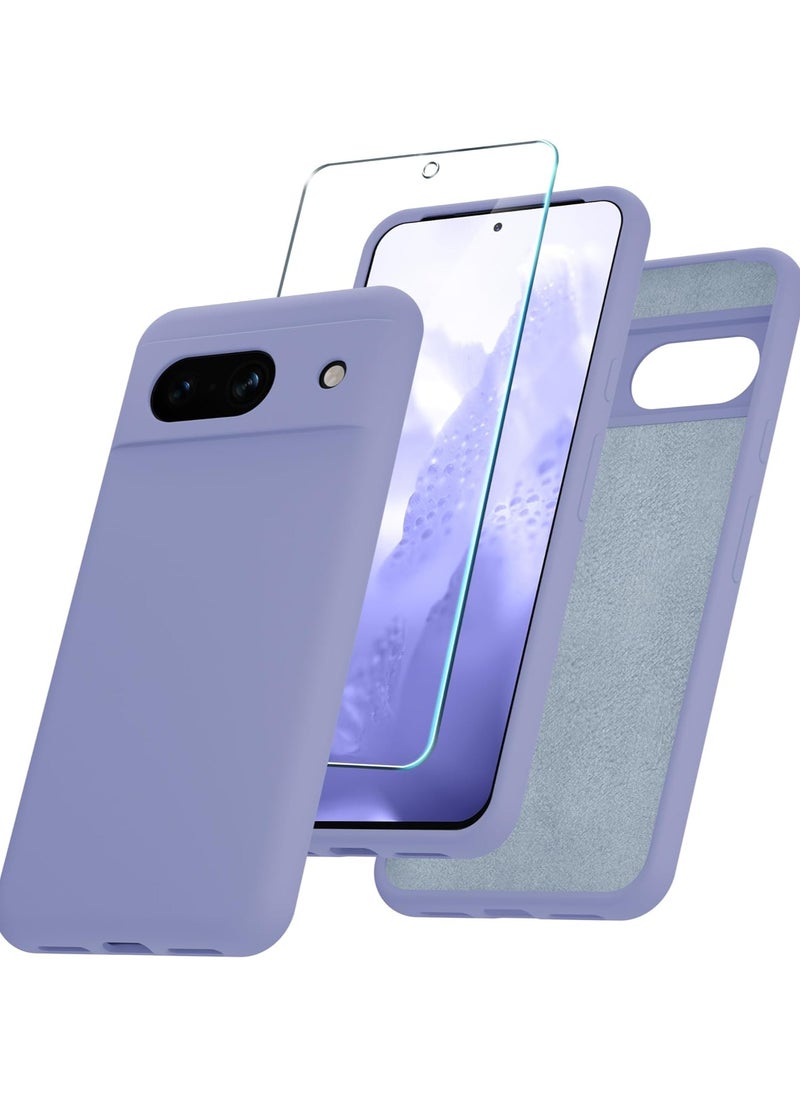 Google Pixel 8a Case, Silicone Phone Case with 1 Screen Protector, Soft Anti-Scratch Microfiber Lining, Full Body Shockproof Slim Cover Support Wireless Charging, Lavender Purple