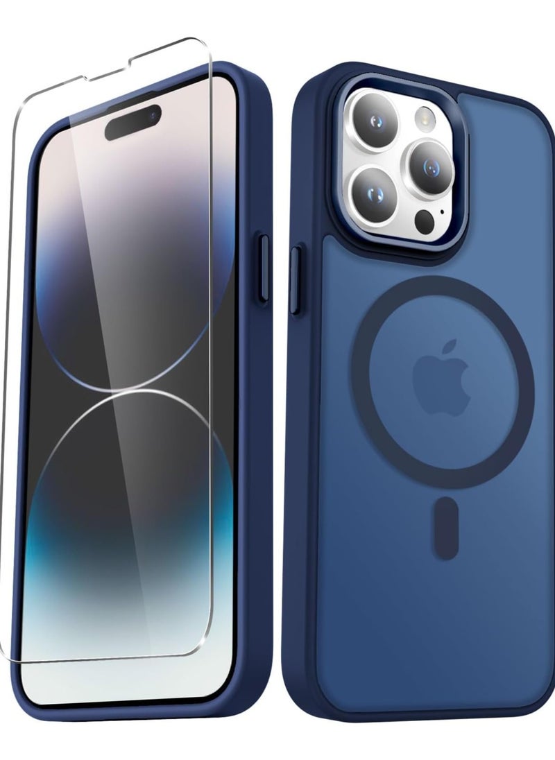 iPhone 14 Pro Max Case, Matte Magnetic Phone Case with 1 Screen Protector, Support for Magsafe, Translucent Frosted Slim Shockproof Protective Cover for iPhone 14 Pro Max 6.7 inch, Navy Blue