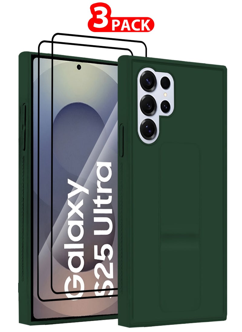 (for Samsung Galaxy S25 Ultra) 3Packs, Case Premium PU Leather with Stand Function, Shockproof and Anti Scratch Finger Grip Case Cover with 2 Shock Proof Screen Protectors / green