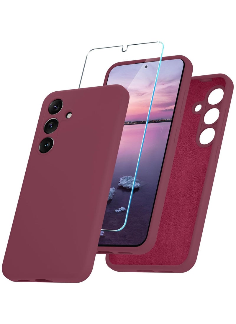 Samsung Galaxy S24 FE Case, Silicone Phone Case with 1 Screen Protector, Soft Anti-Scratch Microfiber Lining, Full Body Shockproof Slim Cover Support Wireless Charging, Wine Red