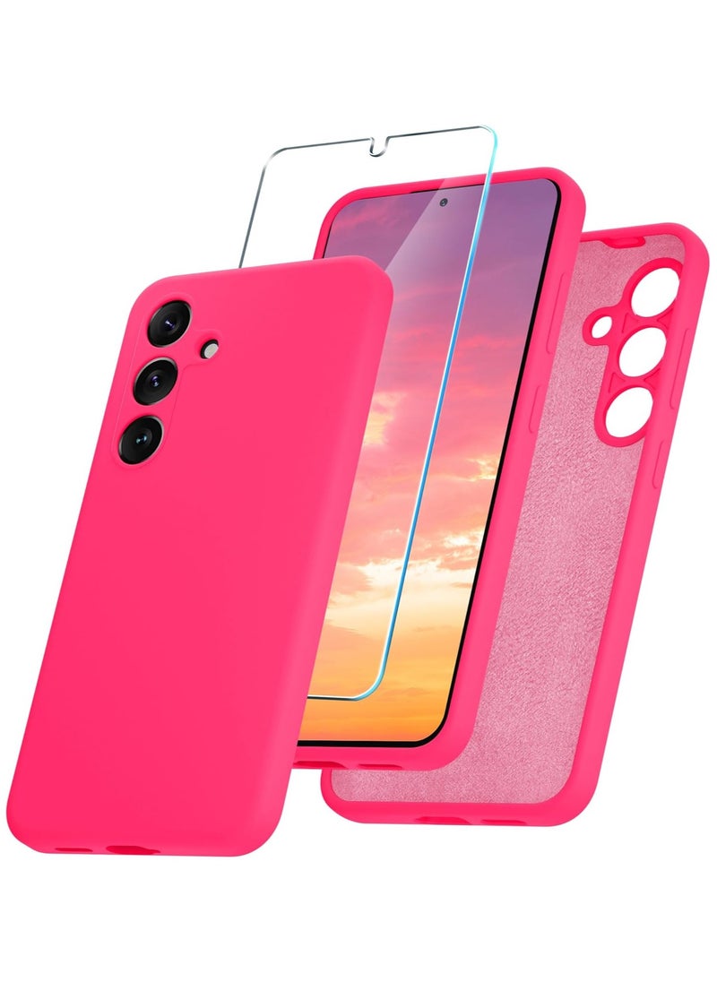 Samsung Galaxy S24 Case, Silicone Phone Case with 1 Screen Protector, Soft Anti-Scratch Microfiber Lining, Full Body Shockproof Slim Cover Support Wireless Charging, Pink