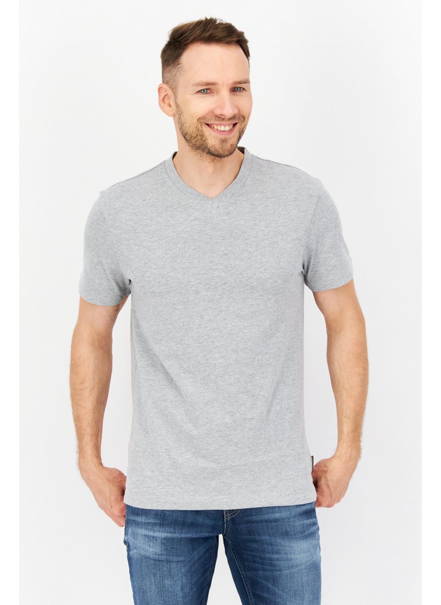 Men V-Neck Short Sleeves Plain T-Shirt, Grey