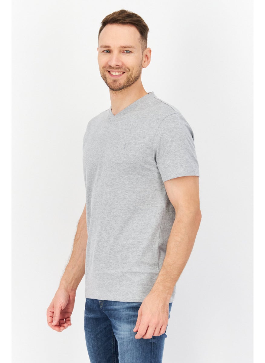 Men V-Neck Short Sleeves Plain T-Shirt, Grey