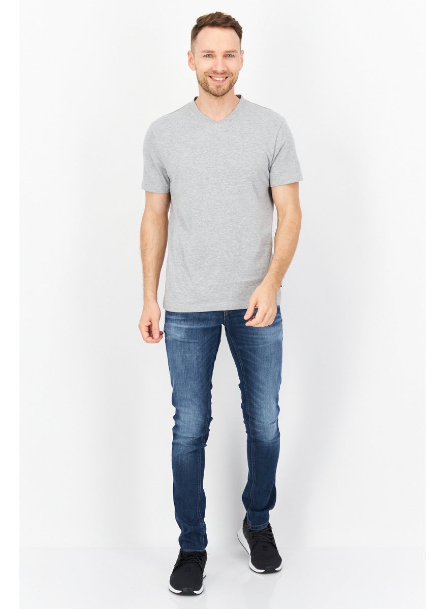 Men V-Neck Short Sleeves Plain T-Shirt, Grey