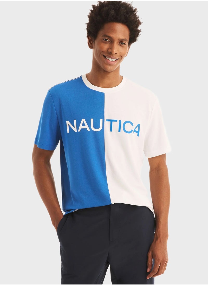 Men's Blue And White Colorblock Round Neck Tee, Elevate Your Modern Casual Wardrobe With Nautical Style!