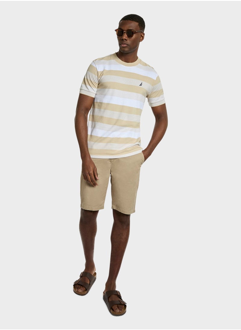 Men's Beige & White Striped Round Neck T-Shirt – Cotton Casual Classic Essential, Summer-Ready!