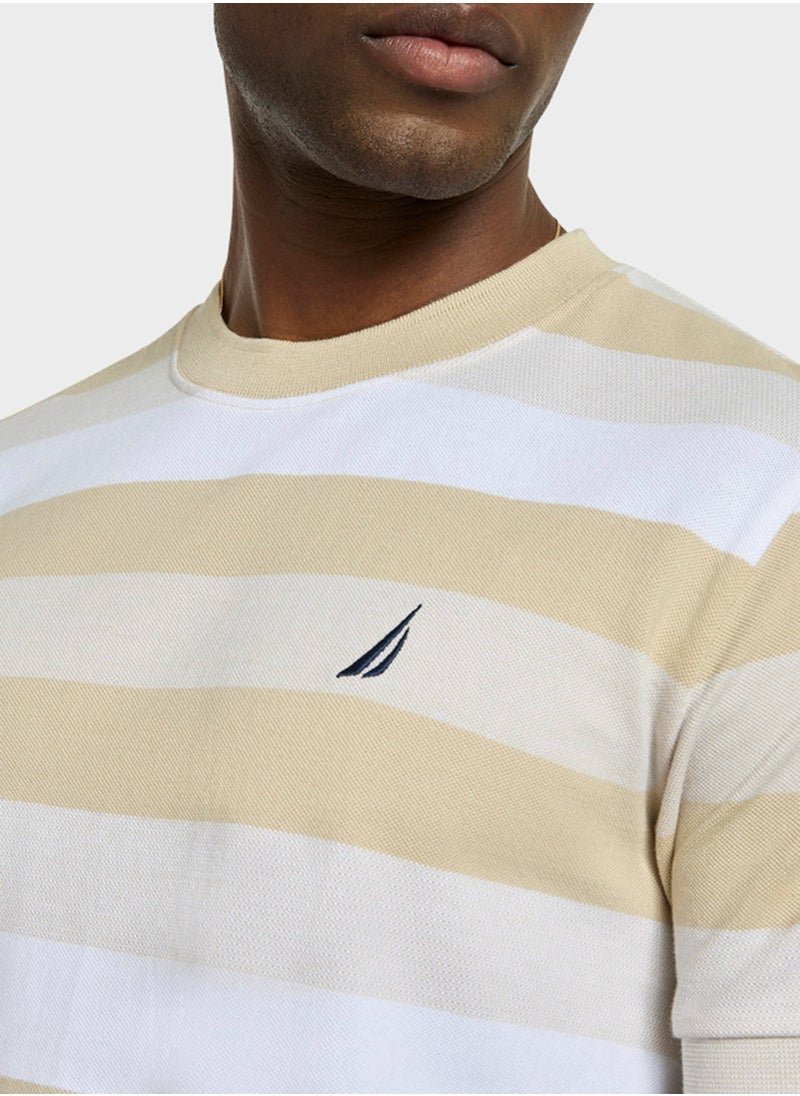 Men's Beige & White Striped Round Neck T-Shirt – Cotton Casual Classic Essential, Summer-Ready!